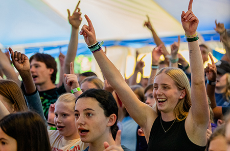 A joyful crowd of young people raised arms and smiled