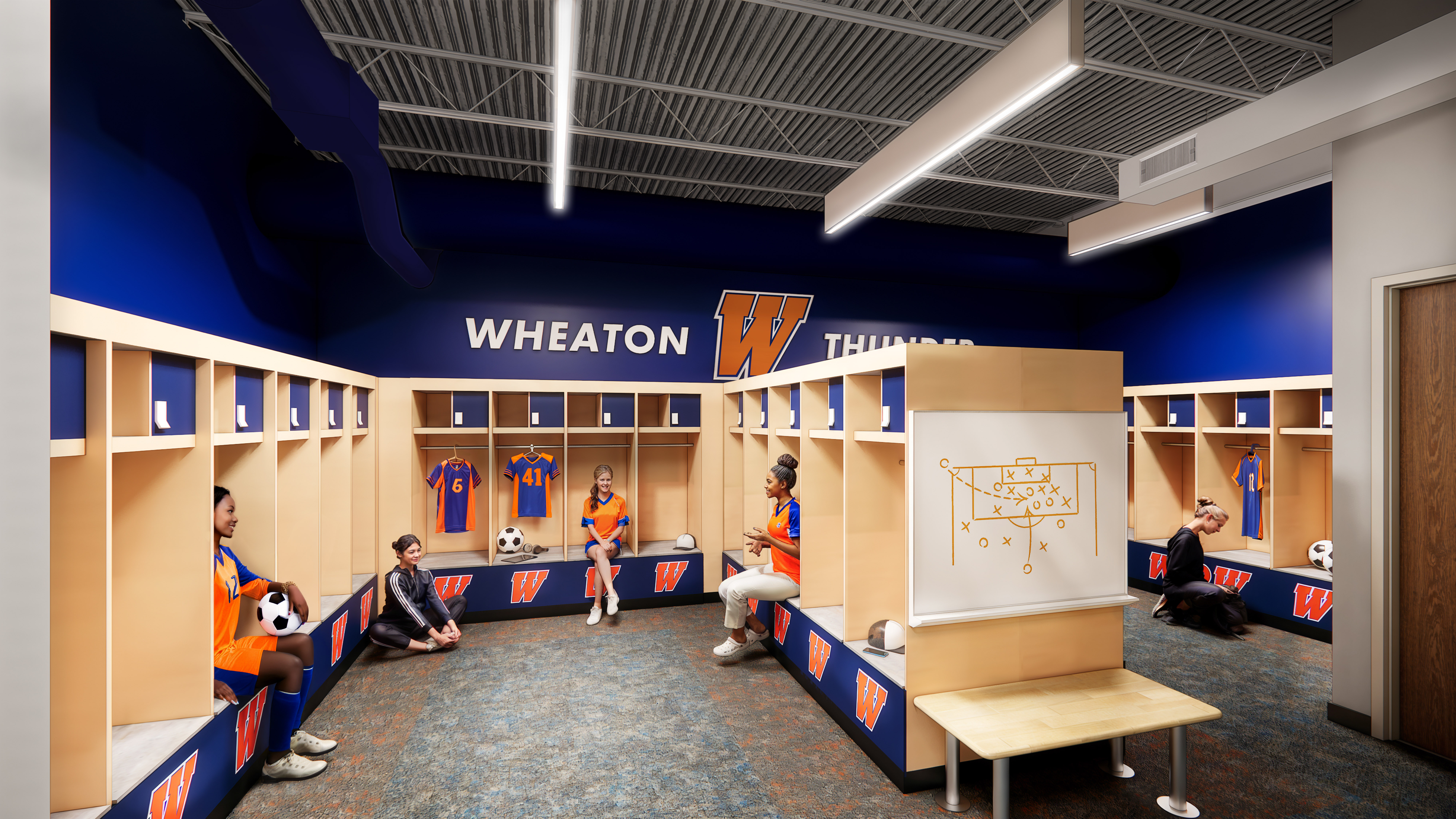 Architect rendering of brand new locker rooms for Wheaton teams and visiting athletes.