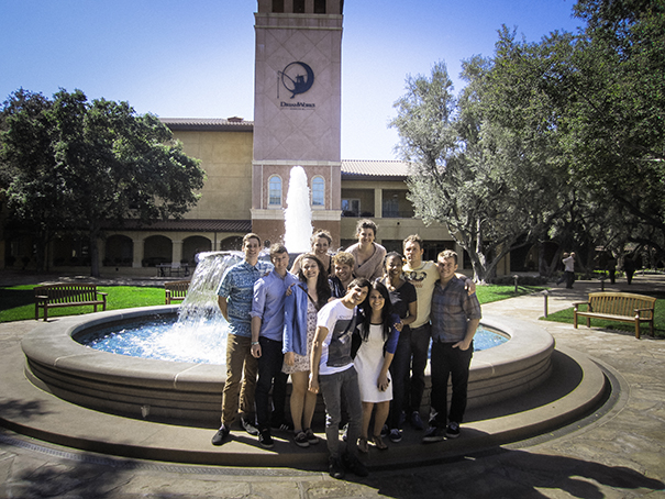 Group of students at Dreamworks fountain